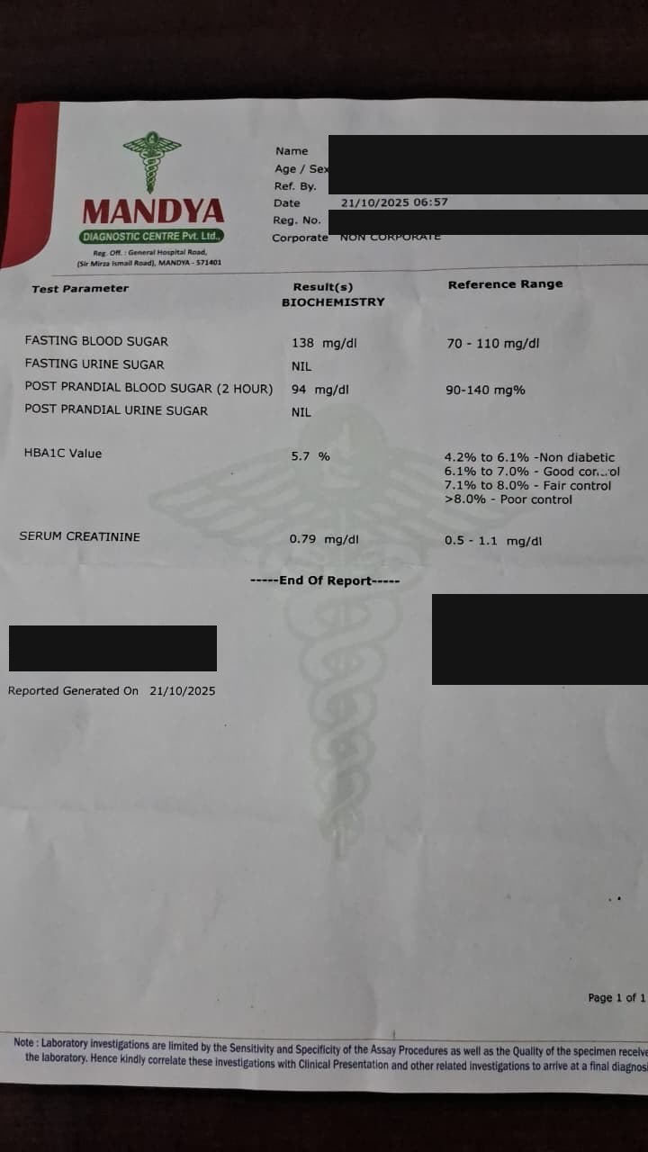 Laboratory biochemistry report dated 21 October 2025. Fasting blood sugar 138 mg/dl, post prandial 94 mg/dl, HbA1c 5.7 percent. Patient identifiers are blacked out.