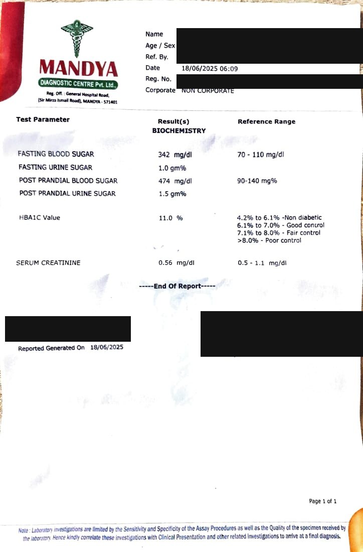 Laboratory biochemistry report dated 18 June 2025. Fasting blood sugar 342 mg/dl, post prandial 474 mg/dl, HbA1c 11.0 percent. Patient identifiers are blacked out.